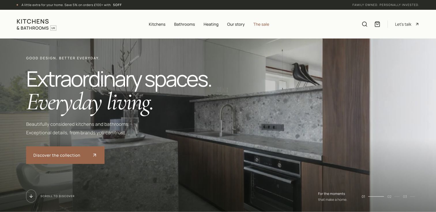 Kitchens and Bathrooms UK website with an elegant kitchen photograph and product navigation