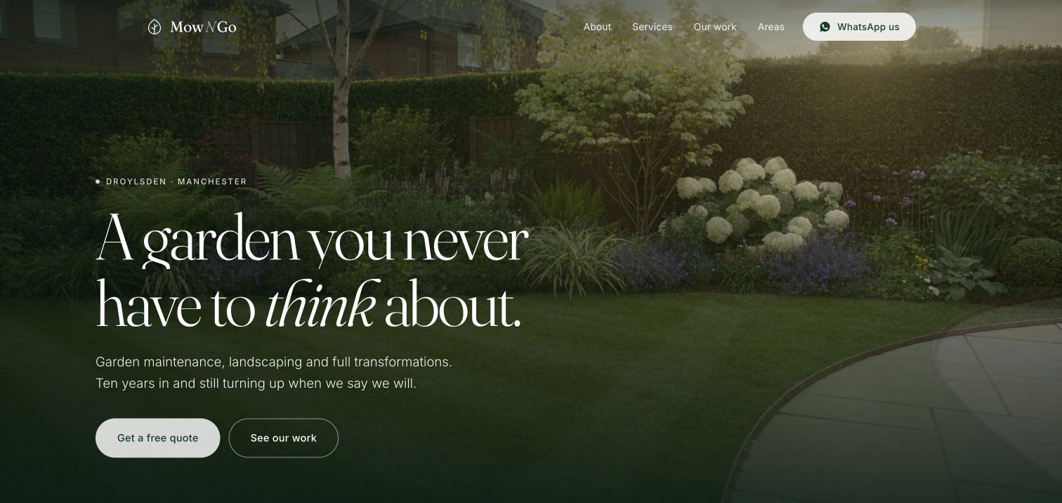 Mow N Go website with a landscaped garden and a prominent free quote button